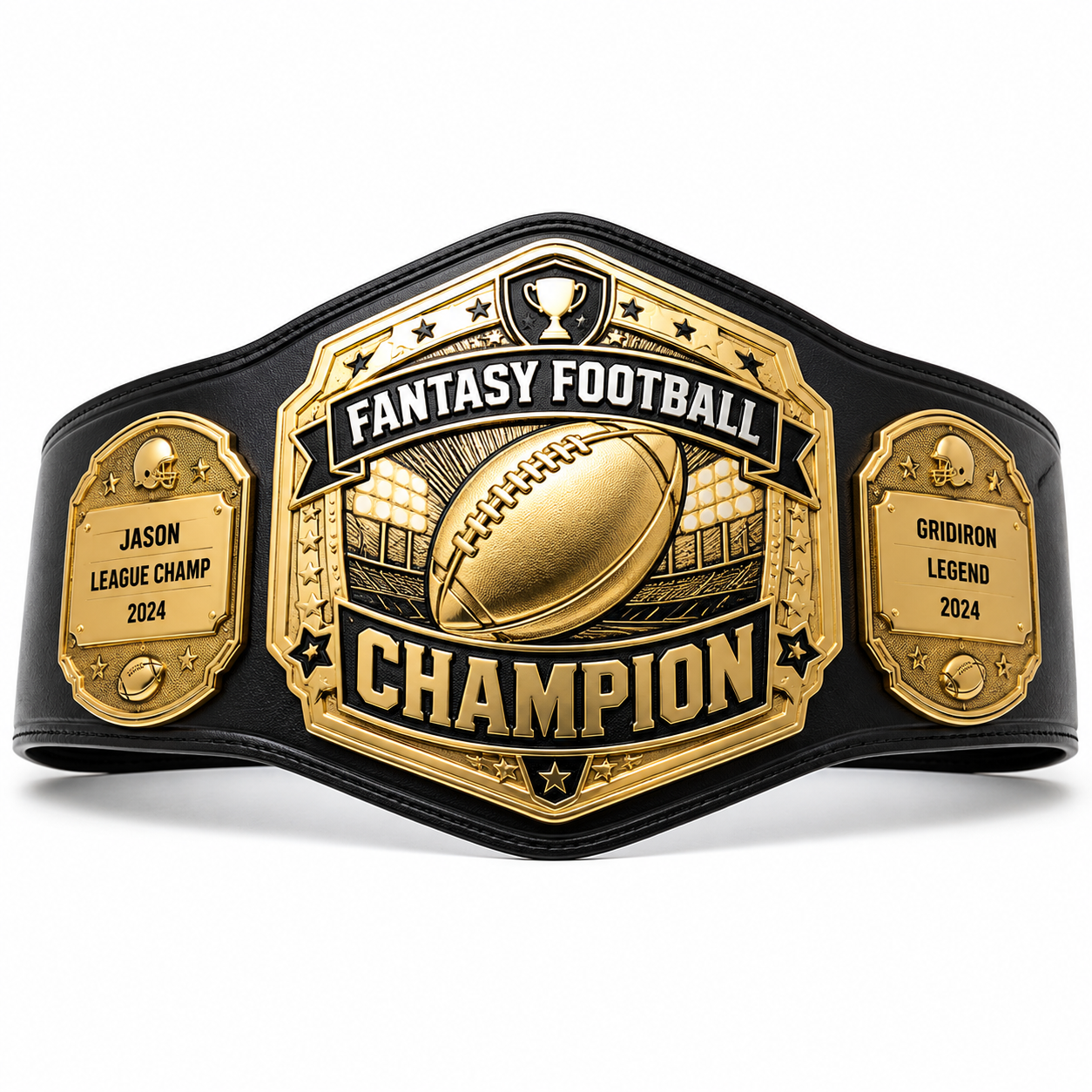 A fantasy football championship belt with a large central gold plaque reading 'FANTASY FOOTBALL CHAMPION' and an engraved football, flanked by two smaller gold plaques on a black strap, shown on a light gray background.