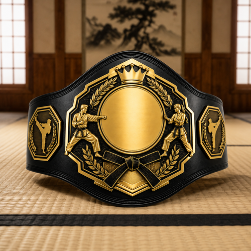 Black and gold martial arts championship belt on a tatami mat