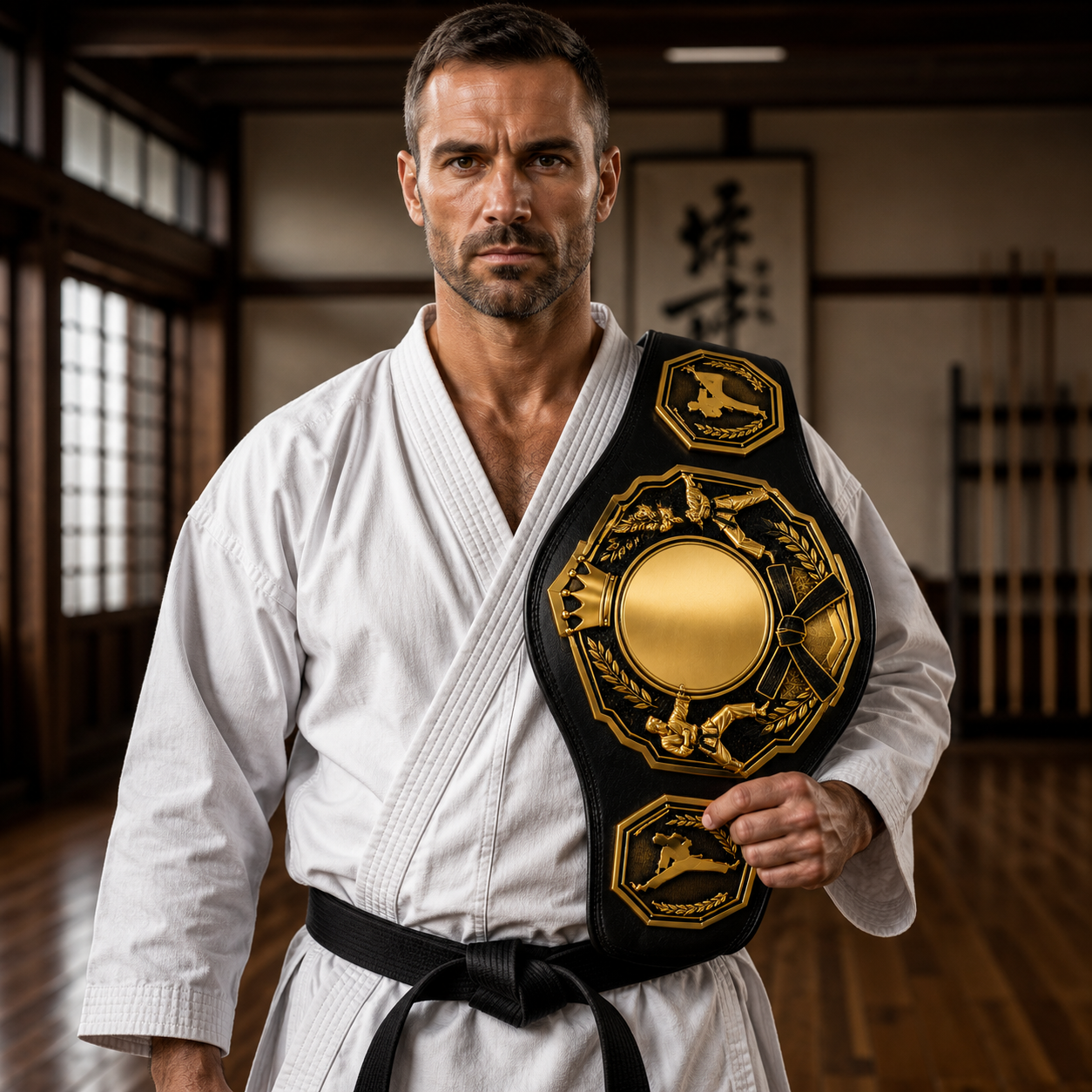 Man in a white martial arts uniform with a black and gold belt in a dojo.