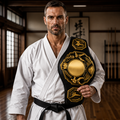 Man in a white martial arts uniform with a black and gold belt in a dojo.