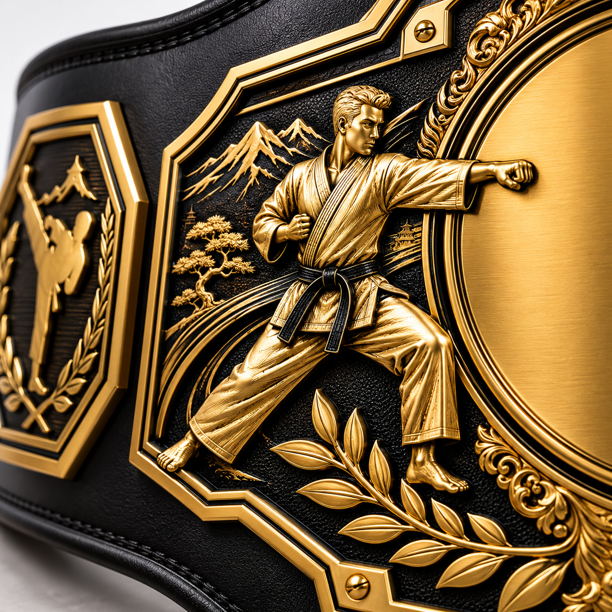 Decorative black and gold belt with martial arts design