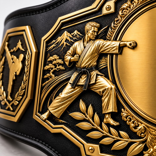 Decorative black and gold belt with martial arts design