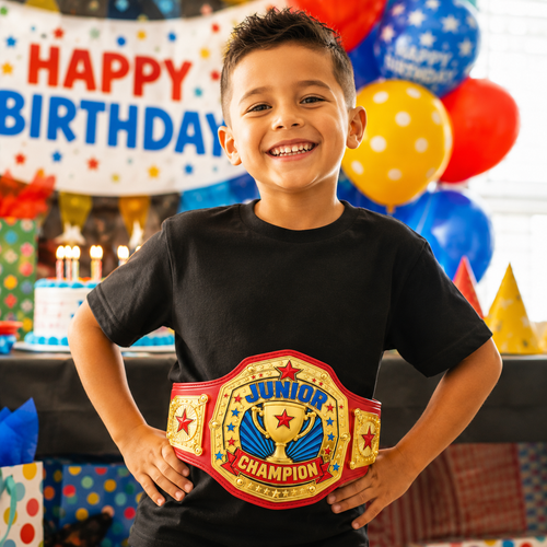 A young boy smiling at a birthday party, wearing a red and gold 'Junior Champion' wrestling-style belt across his chest, with a colorful 'Happy Birthday' banner and balloons in the background.