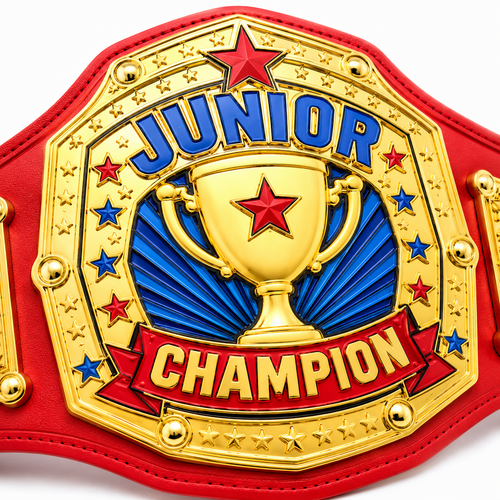 A close-up of a red and gold championship belt plate with a trophy emblem and the words 'JUNIOR CHAMPION' in blue and red lettering.