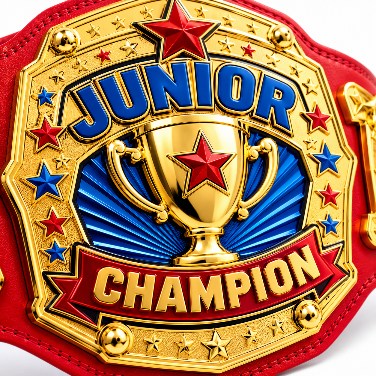 A close-up of a red and gold championship belt featuring a large central plaque with the words 'JUNIOR CHAMPION,' a gold trophy, blue and red stars, and metallic gold details on a white background.