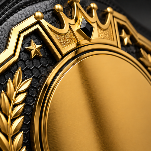 Close-up of a gold emblem with a crown, stars, and leaves on a black background
