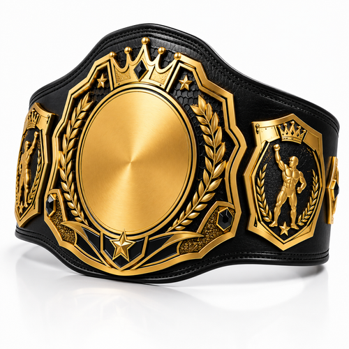Black and gold championship belt with detailed designs on a white background