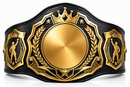 Black championship belt with gold medallion and symbols on a white background