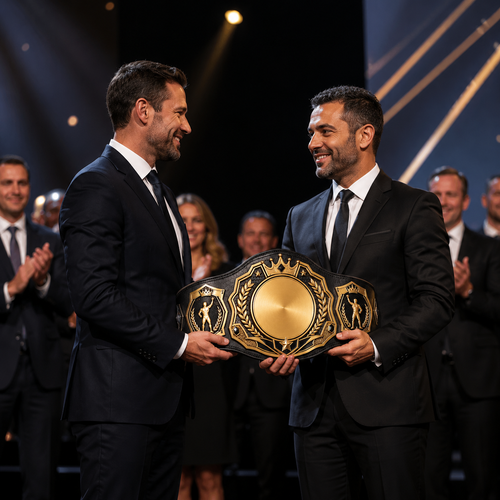 Two men in suits holding a championship belt on a stage with applause in the background