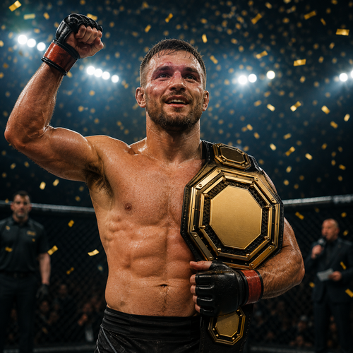 Athlete holding a championship belt in a celebratory pose with confetti in the air.