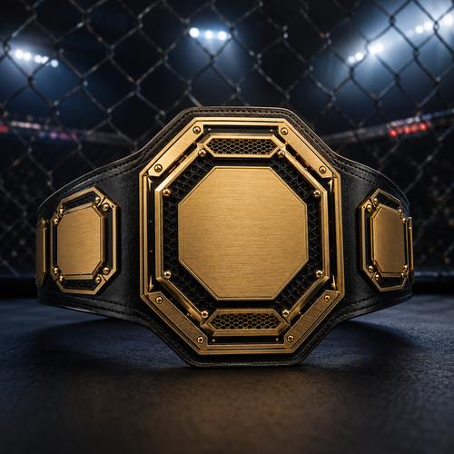 Gold championship belt on a dark background with lights and chain-link fence.