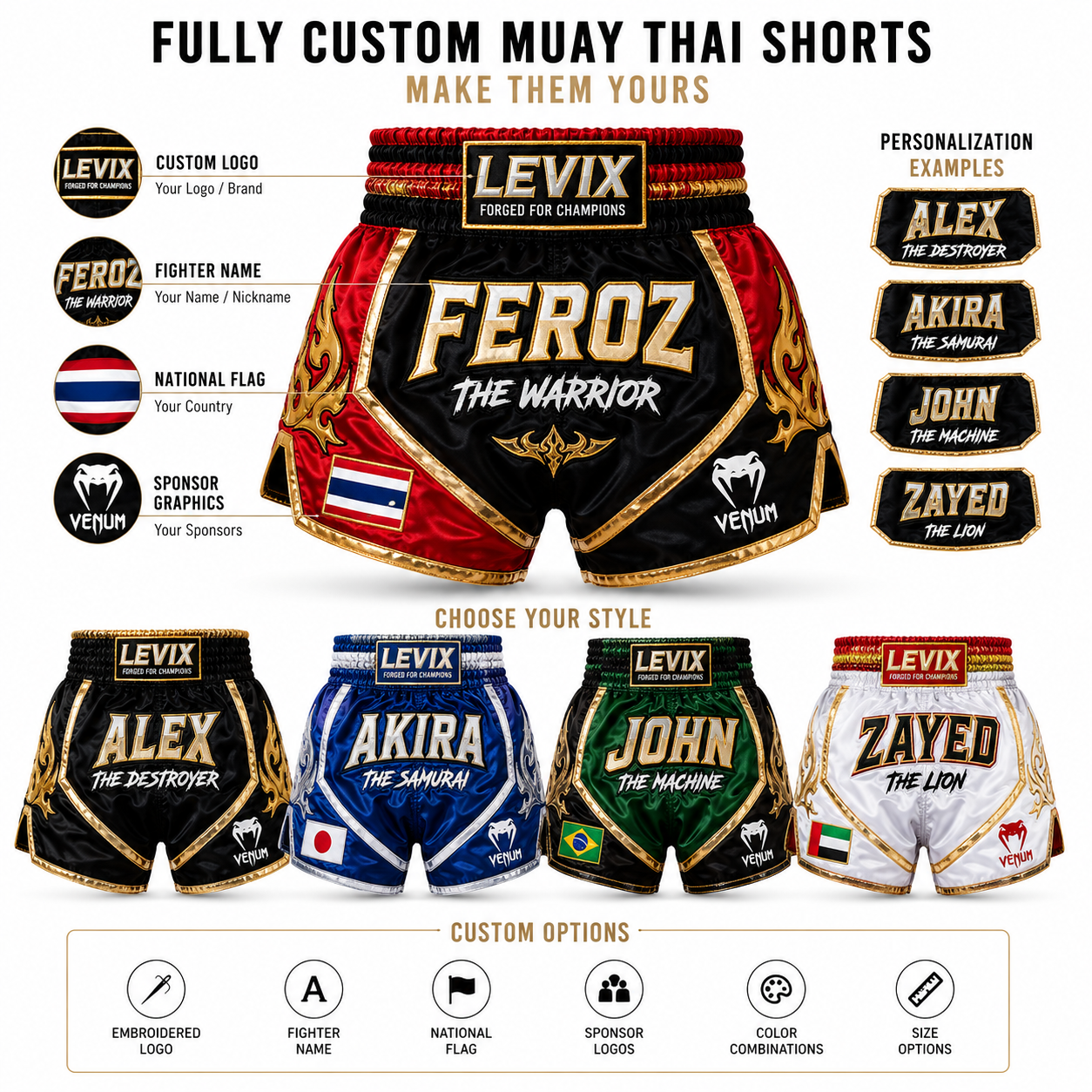 Custom Muay Thai Shorts | Premium Kickboxing & Thai Boxing Shorts | Levix
