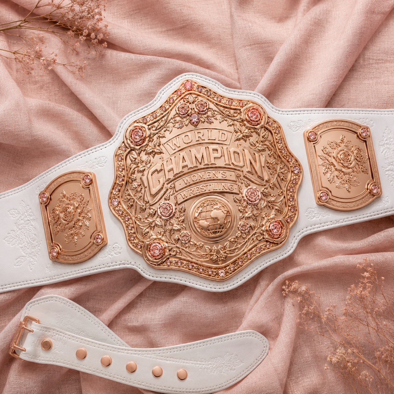 White championship belt with gold medallion on a pink fabric background