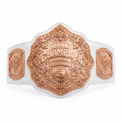 Rose gold and white championship belt on a white background