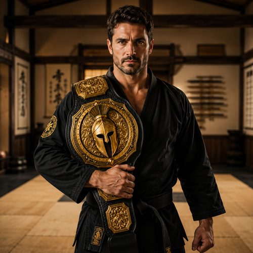 Man in black martial arts uniform holding a gold belt with a Spartan helmet design in a dojo setting.