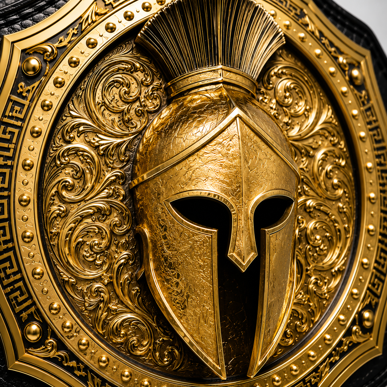 Gold Spartan helmet on a decorative gold and black shield
