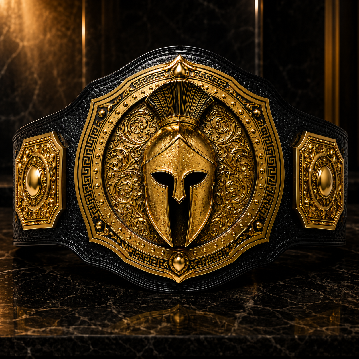 Decorative belt with gold emblem on a dark background