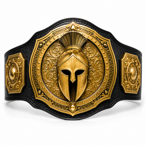 Decorative belt with gold Spartan helmet design on a white background