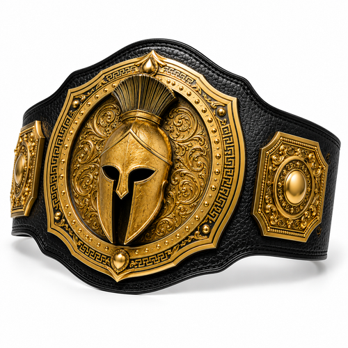Decorative belt with gold Spartan helmet design on a white background