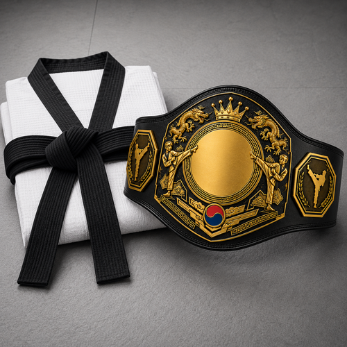 Black belt and championship belt on a gray background