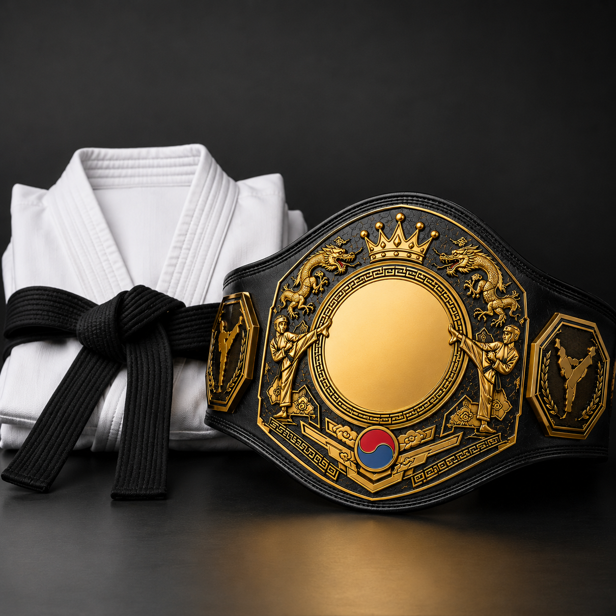 White martial arts uniform with black belt and decorative championship belt on a dark background