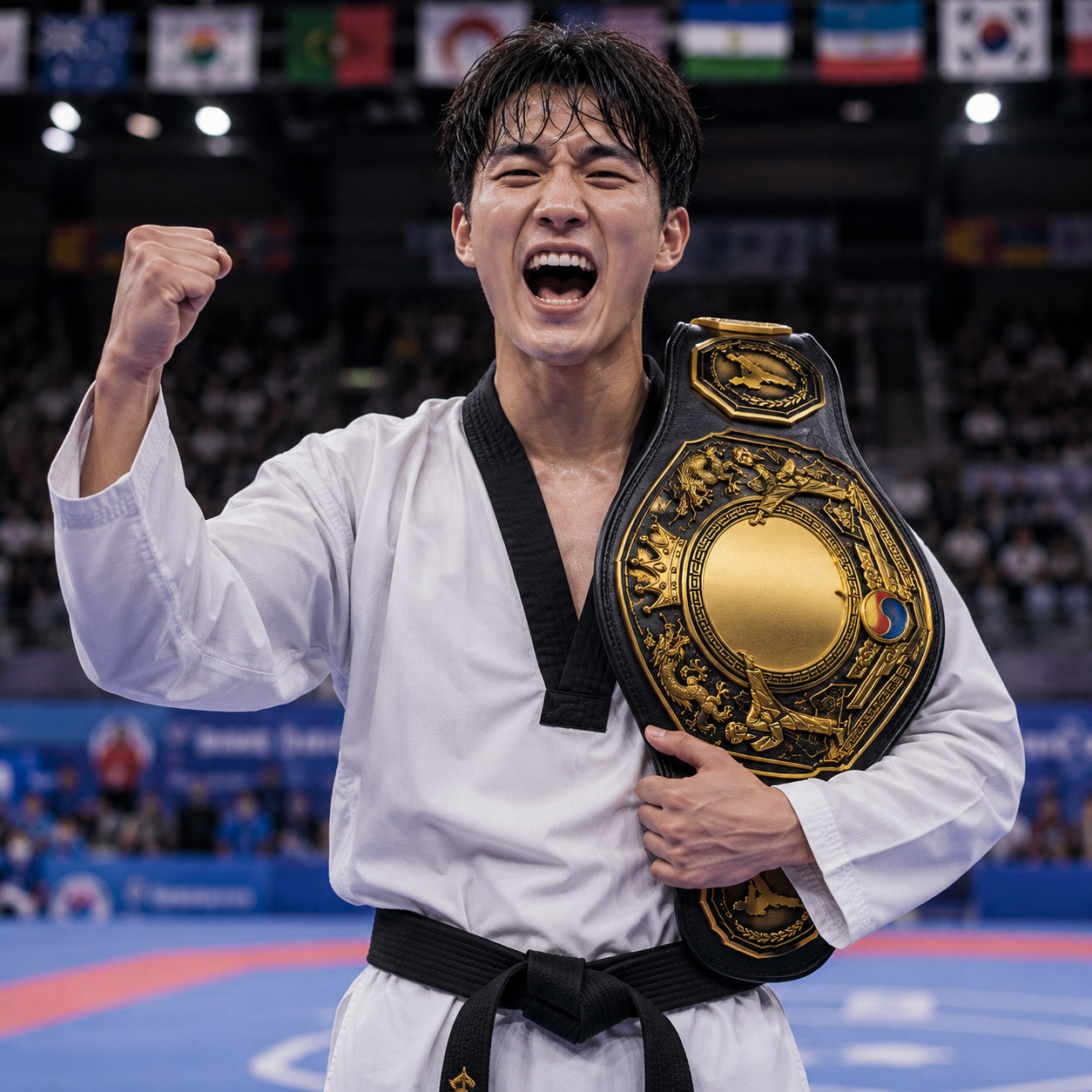 Karate practitioner celebrating with a championship belt on a martial arts competition floor.
