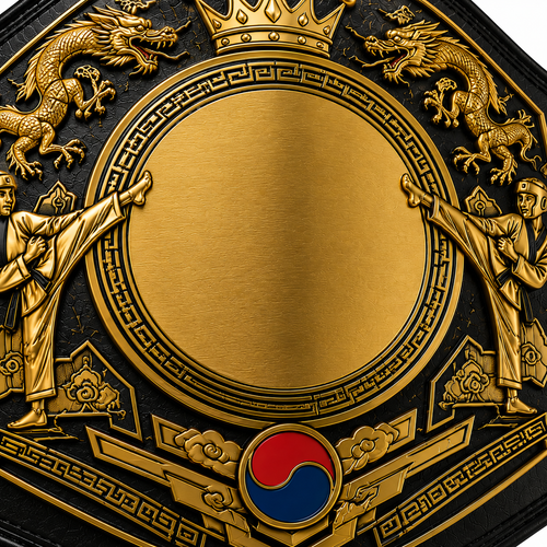 Decorative plaque with gold embossed design featuring dragons, people, and a circular emblem.
