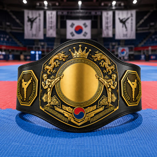 Decorative belt with martial arts designs on a blue mat