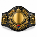 Black and gold championship belt with martial arts designs on a white background