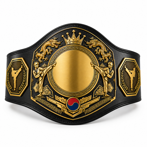 Black and gold championship belt with martial arts designs on a white background