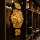 Decorative championship belt with gold and black design in a locker room setting.