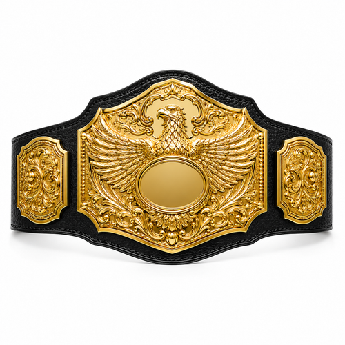 Decorative belt with gold emblem and black leather strap on a white background