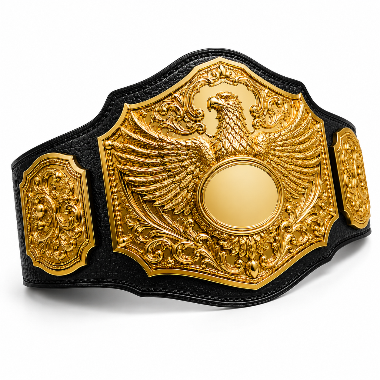 Decorative belt with gold emblem featuring an eagle on a white background