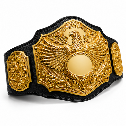 Decorative belt with gold emblem featuring an eagle on a white background