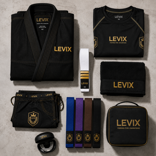 A flat lay of a black martial arts uniform set with gold and white accents from LEVIX, including a gi jacket, shorts, belt, towel, and carrying case on a light textured background.