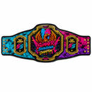 A colorful championship belt with a central gold-toned plaque featuring an eagle and the text 'Summer Showdown Champion 2024' in neon pink, blue, and purple tie-dye patterns on both sides.