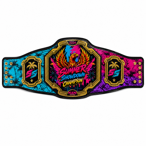 A colorful championship belt with a central gold-toned plaque featuring an eagle and the text 'Summer Showdown Champion 2024' in neon pink, blue, and purple tie-dye patterns on both sides.