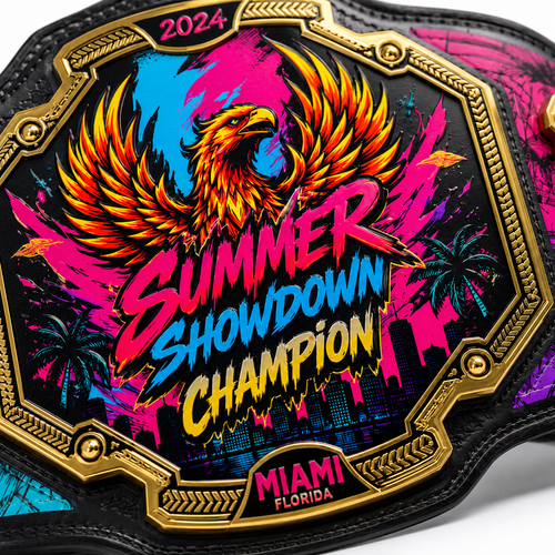 Close-up of a decorative championship belt plate with a large eagle graphic and the text '2024 Summer Showdown Champion' and 'Miami Florida.' The plate has a black background with vivid pink, blue, yellow, and orange artwork and gold-toned border details.