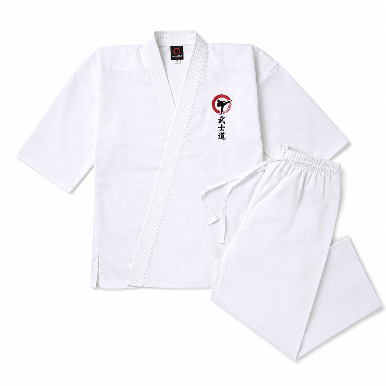White martial arts uniform with a logo on a white background