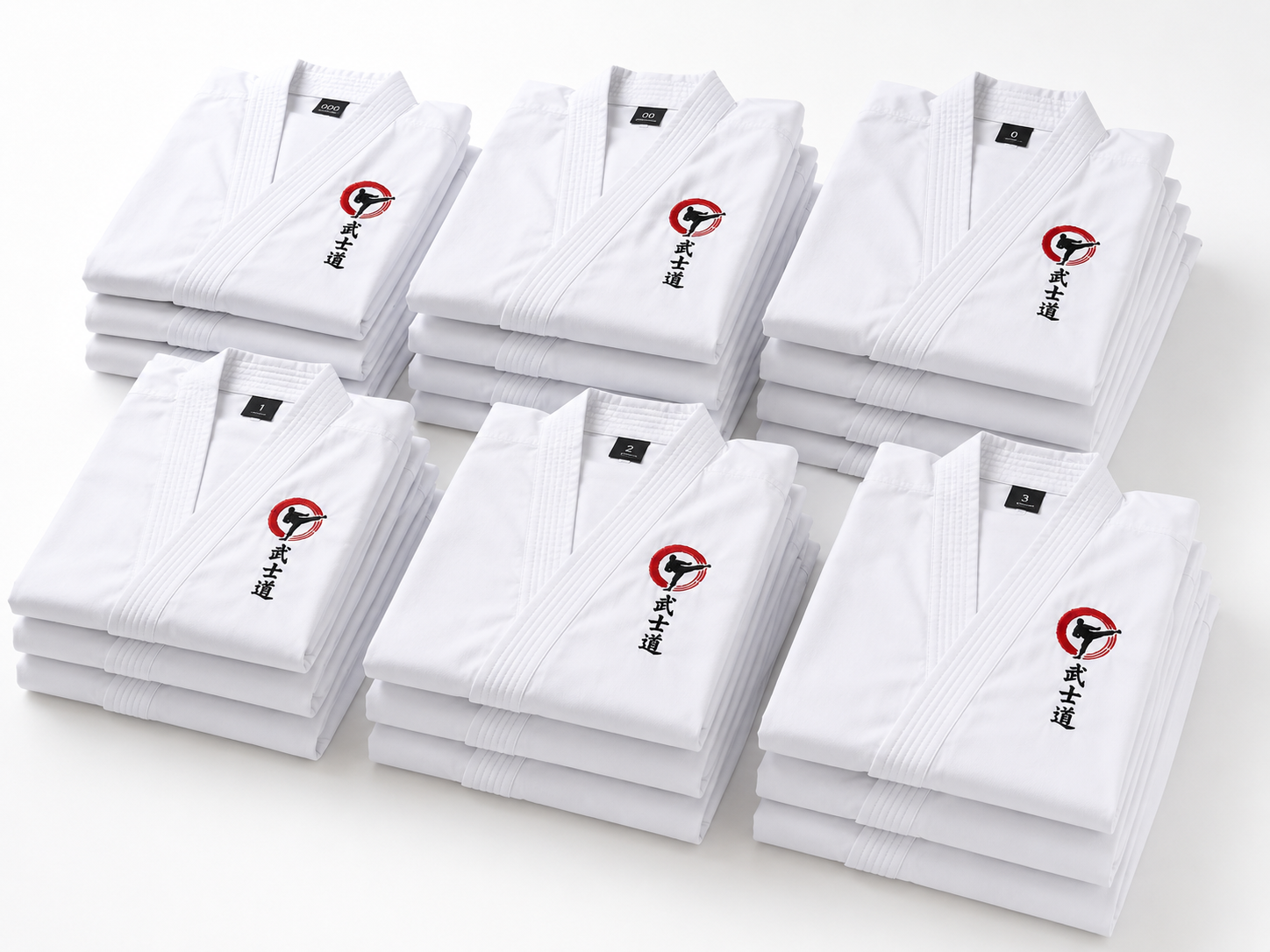 Stacks of white martial arts uniforms with a logo on a white background