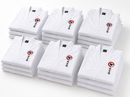Stacks of white martial arts uniforms with a logo on a white background