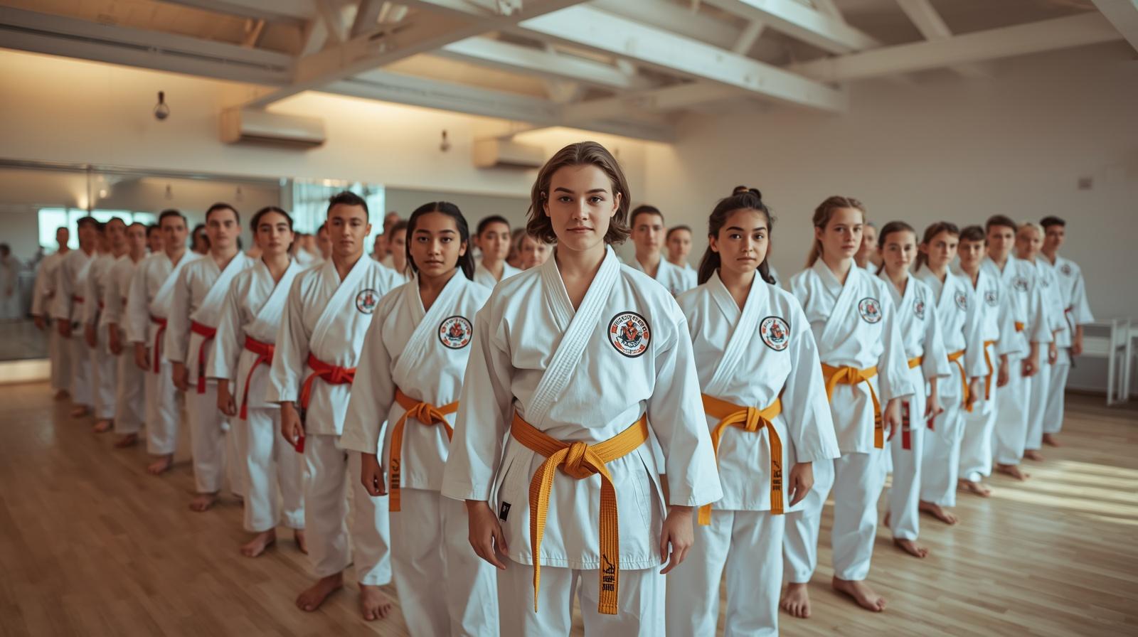 Group of martial artists in white uniforms with orange belts in a dojo.