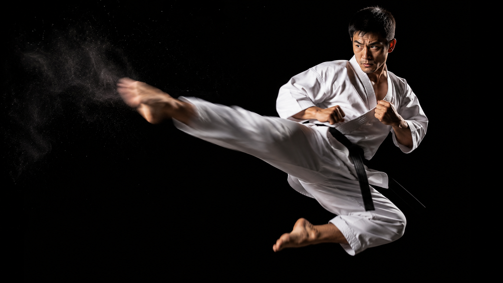 Person in a white martial arts uniform performing a high kick against a black background
