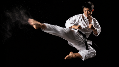 Person in a white martial arts uniform performing a high kick against a black background