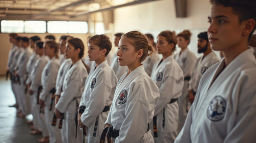 Group of martial arts practitioners in white uniforms standing in a line.