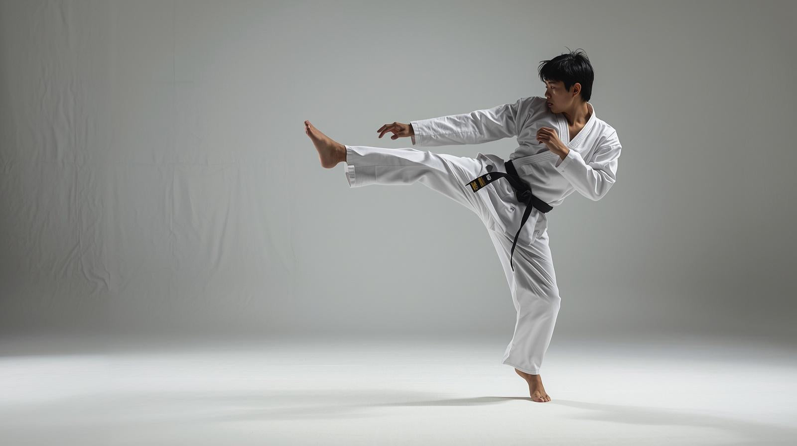 Person in a white martial arts uniform performing a high kick on a plain background