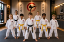 Group of children in martial arts uniforms standing in a line with a martial arts logo in the background.