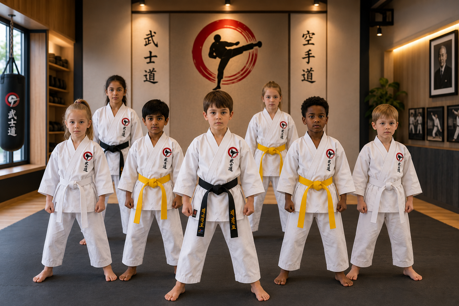 Group of children in martial arts uniforms standing in a line with a martial arts logo in the background.