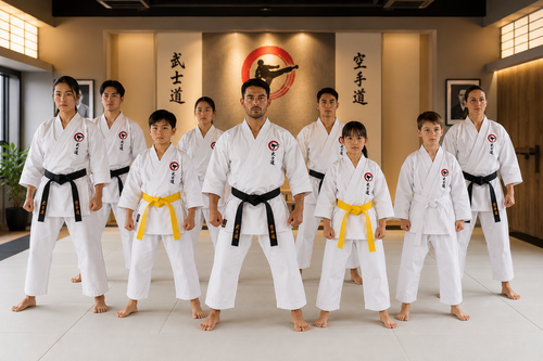 Group of martial arts practitioners in a dojo with a instructor.