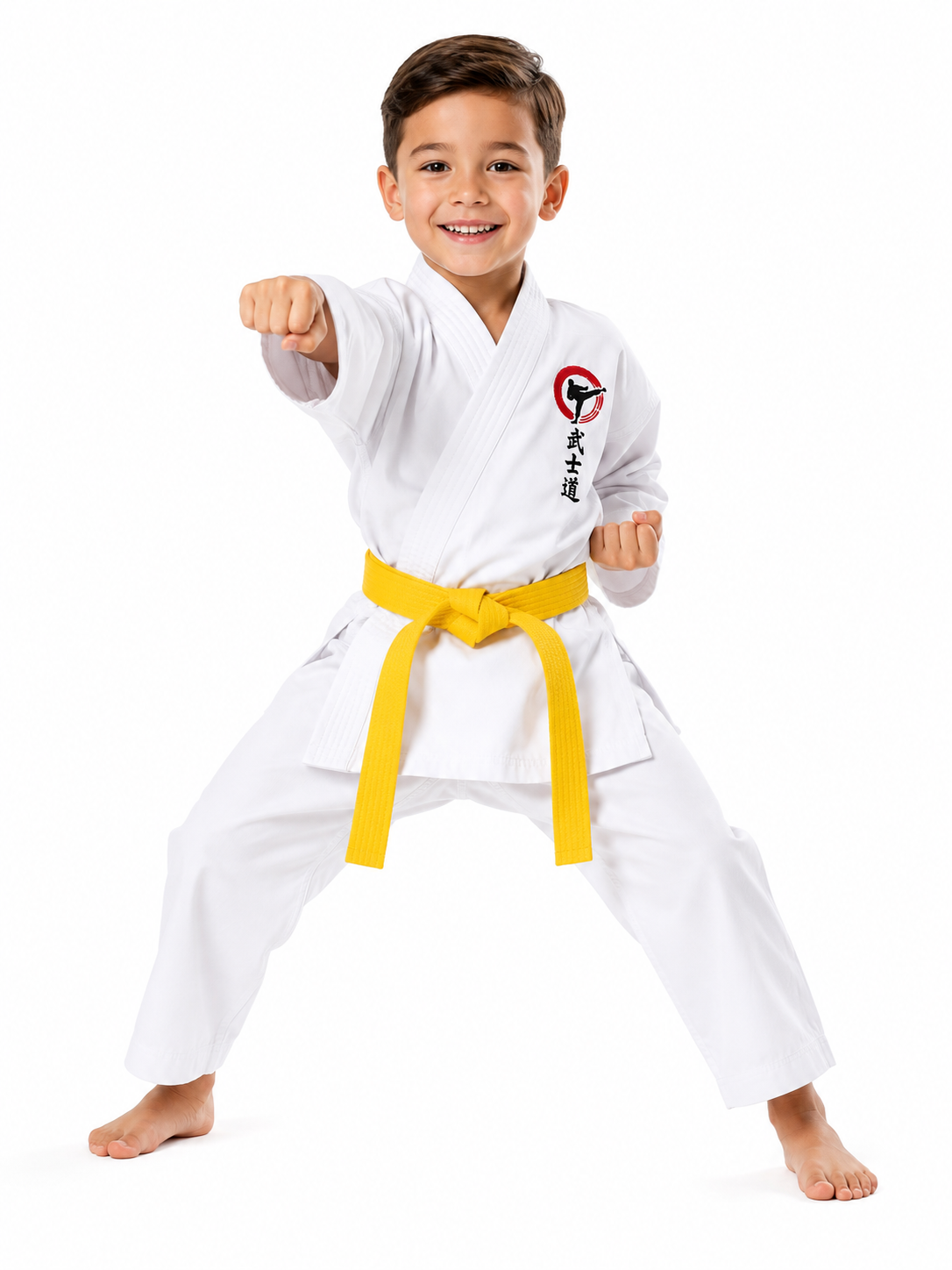 Child in a white martial arts uniform with a yellow belt on a white background